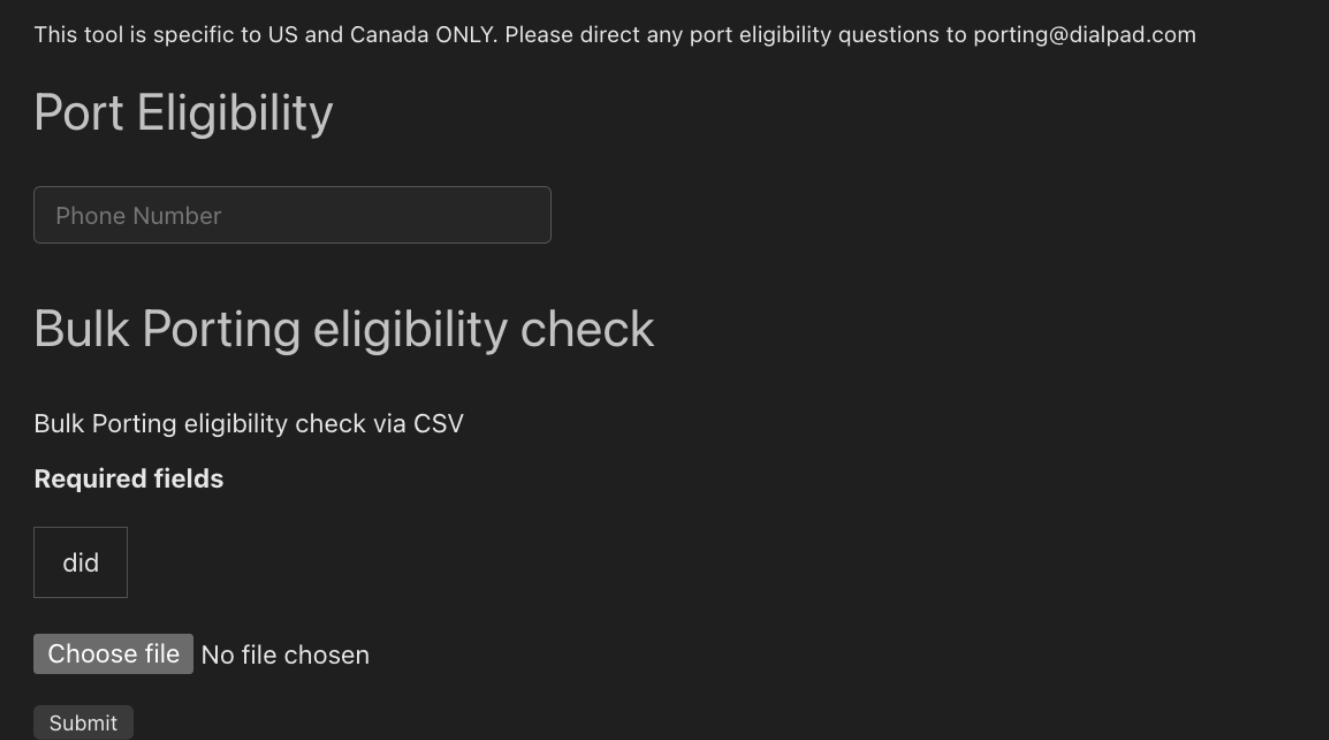 Form for checking port eligibility in the US and Canada with required fields.